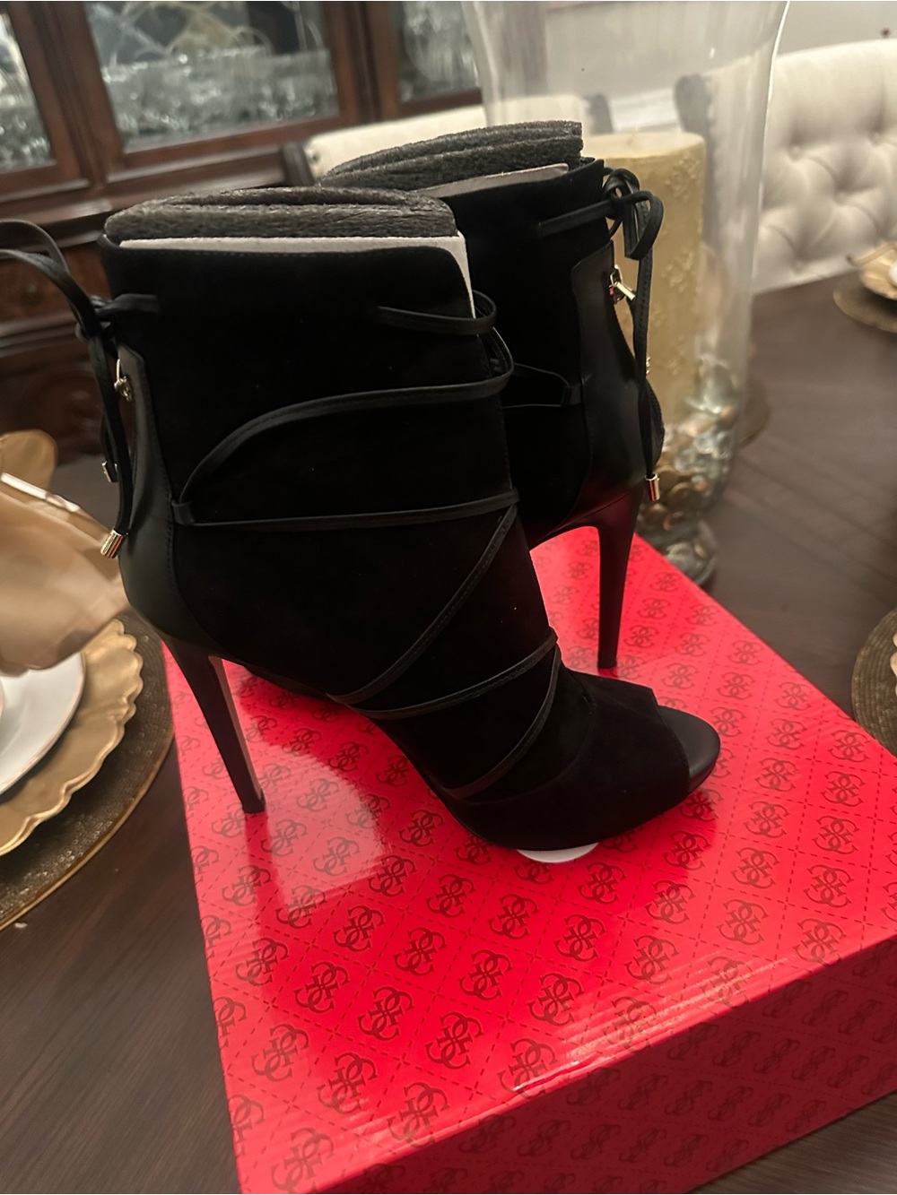Slightly Worn Size 8 Guess Black Suede Open-Toe Lace-Up Stiletto Ankle Boots